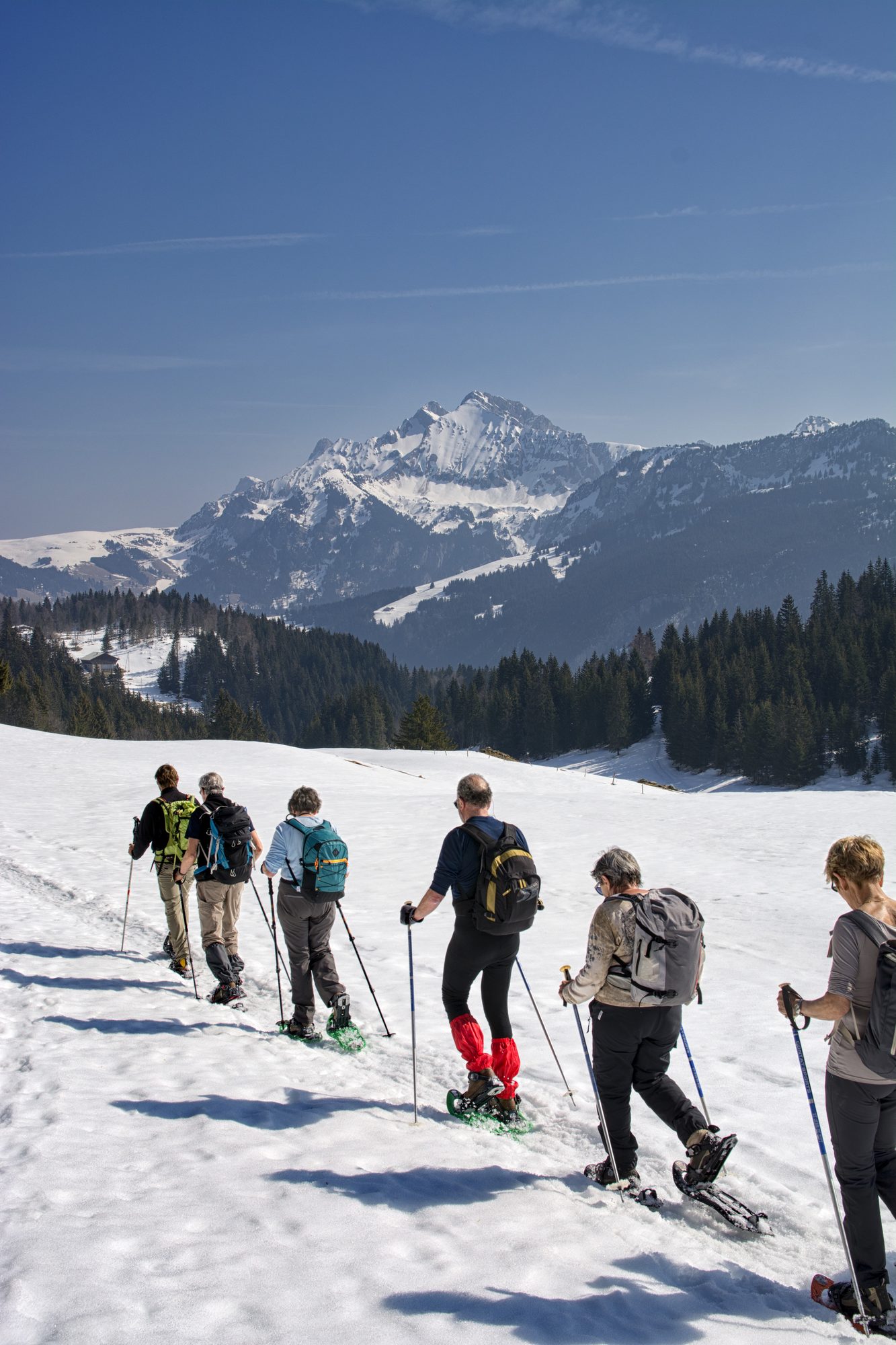 Groupe en raquettes en file dans la neige
