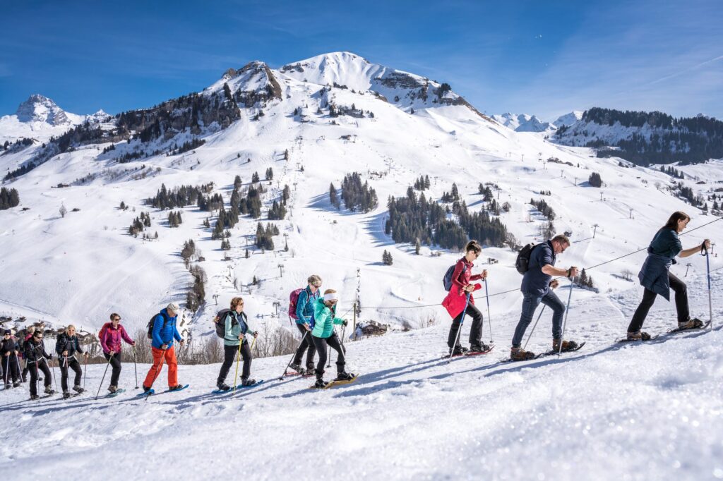 Randonneurs gravissant un sentier rocheux face aux sommets