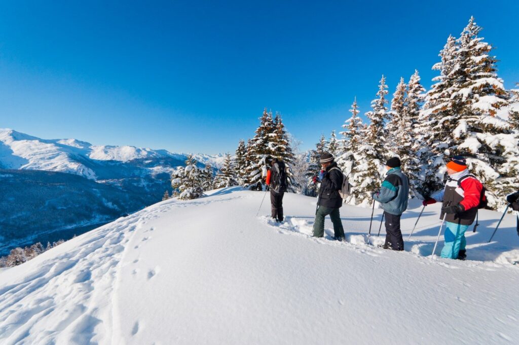 Randonneurs en raquettes sur une crête panoramique